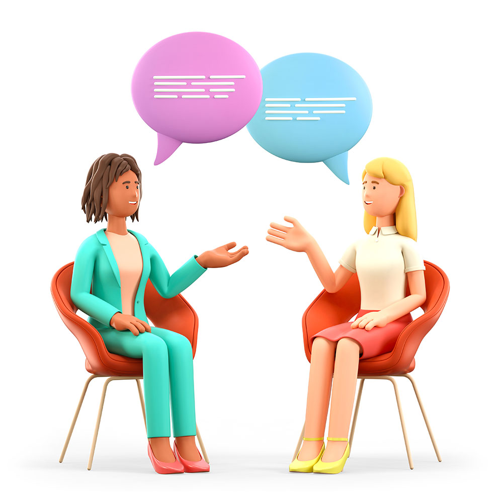 3D illustration of two women meeting and talking with speech bubbles. Happy multicultural female characters sitting in chairs and discussing. Psychologist counseling, group therapy, support session.